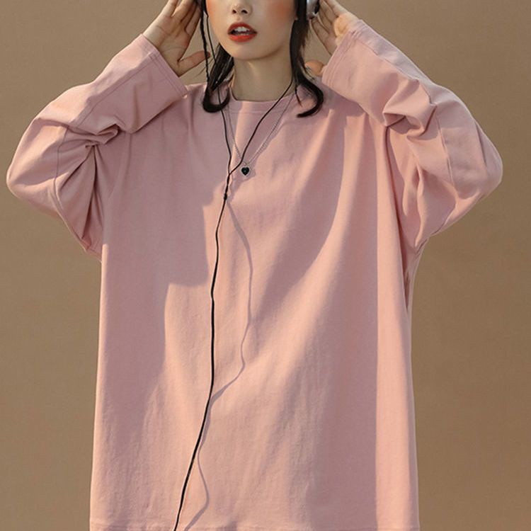 Áo Thun 100% Cotton Tay Dài Dáng Rộng Màu Trơn Phong Cách Thời Trang Hàn Quốc 2022