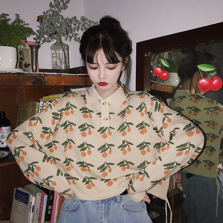 Áo khoác len dây rút in họa tiết cherry dễ thương phong cách retro Nhật Bản thời trang mùa thu tùy chọn màu sắc