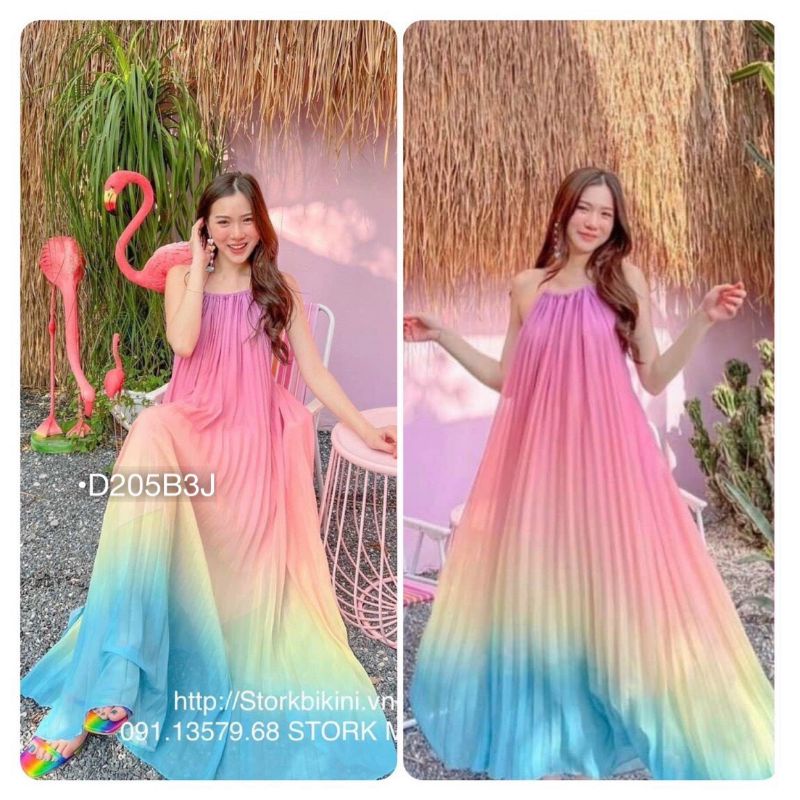 Đầm Maxi Đi Biển Váy Yếm Suông Ombre Dập Ly Loang Màu Dáng Rộng Lụa Thiết Kế 2 Lớp Thời Trang Hè Xinh