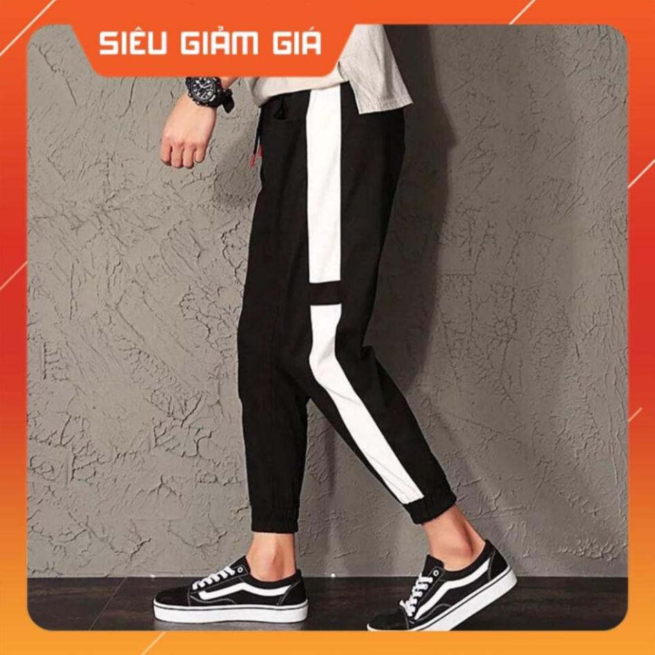 Quần Jogger co dãn 4 chiều đen sọc trắng lé vạch ngang đen ( có ảnh thật và clip review sản phẩm )