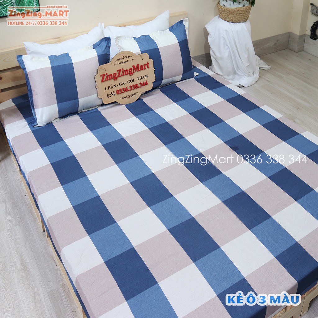 (Siêu tiết kiệm) Bộ ga chun kèm đôi vỏ gối mẫu Kẻ Caro 3 màu (IB để chọn mẫu nha)