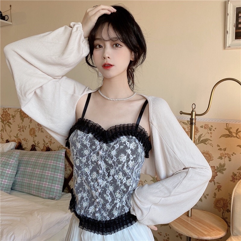 Áo bra ren cao cấp chun sau hoa nhí đính khuy,croptop 2 giây Tiểu thư