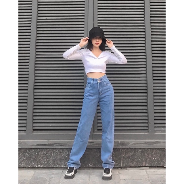 Quần Ella Jeans Suông Cạp Cao 2 Nút