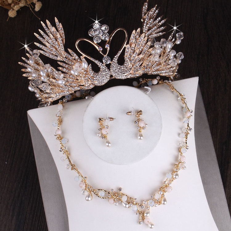 Bộ Vòng cổ + Bông Tai + Vương Miện Hình Thiên Nga Màu Vàng Hồng Đính Pha Lê handmade Cao Cấp