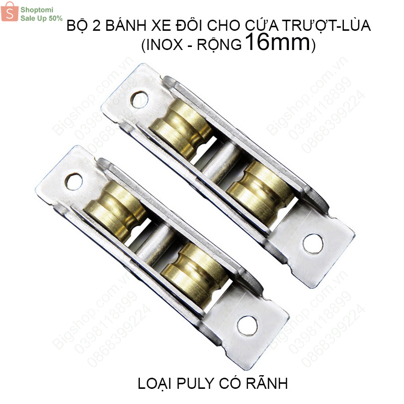 Combo 2 bánh xe đôi cho cửa trượt-cửa lùa inox không gỉ rộng 16mm, dùng cho cửa lùa nhựa, nhôm, thép