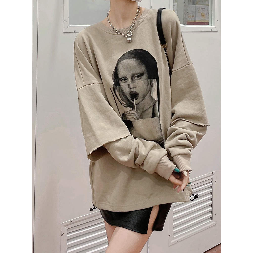 Áo thun nữ dáng rộng tay dài in hình đơn giản thời trang Hàn Quốc