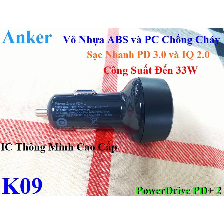 Tẩu Sạc ô tô ANKER A2721 2 Cổng 33W PowerDrive (PD+USB)