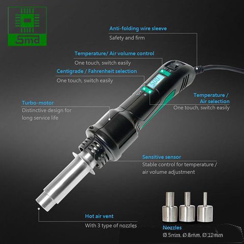 Máy khò cầm tay Pro'sKit SS-602H Chỉnh nhiệt hiển thị nhiệt độ LCD, Máy khò tháo linh kiện điện tử dán SMD 220V 300W