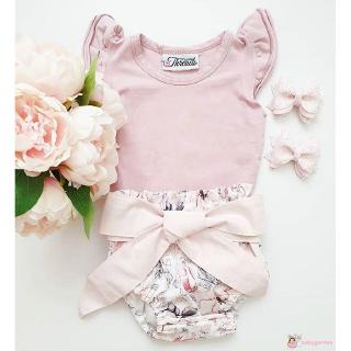 Set Jumpsuit Tay Cánh Tiên + Quần Sọt + Băng Đô Cài Tóc Cho Bé Gái