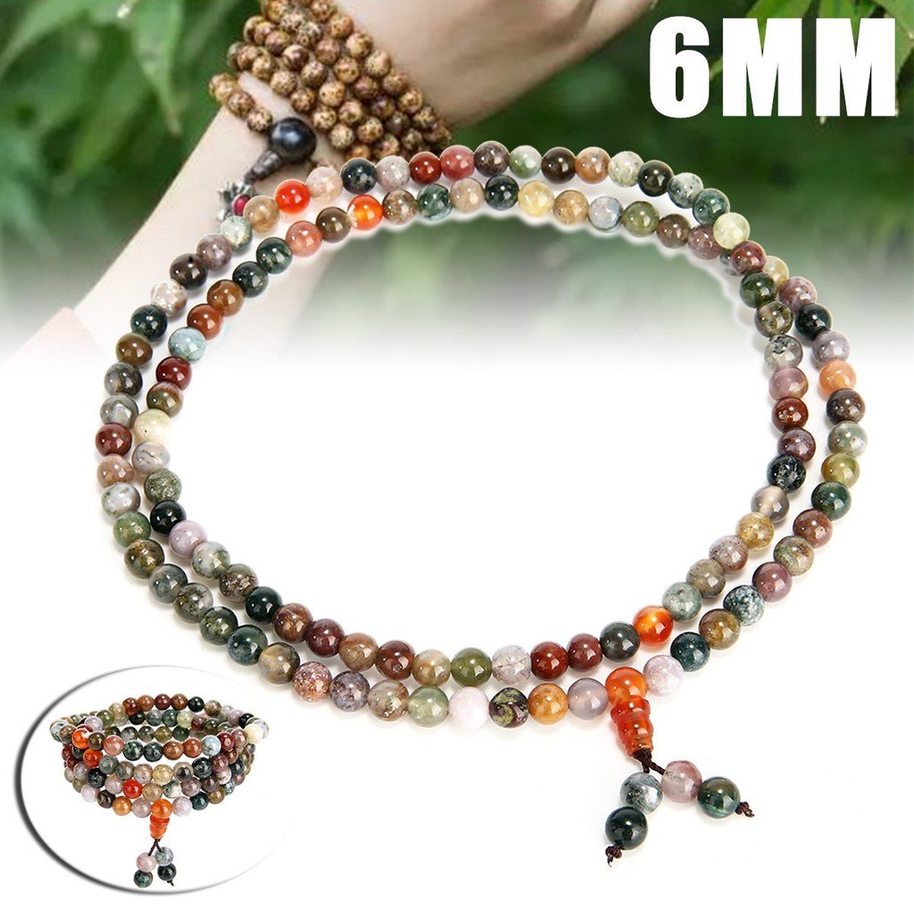 Vòng tay chuỗi 108 hạt đá mã não 6mm phong cách Phật Giáo Tây Tạng