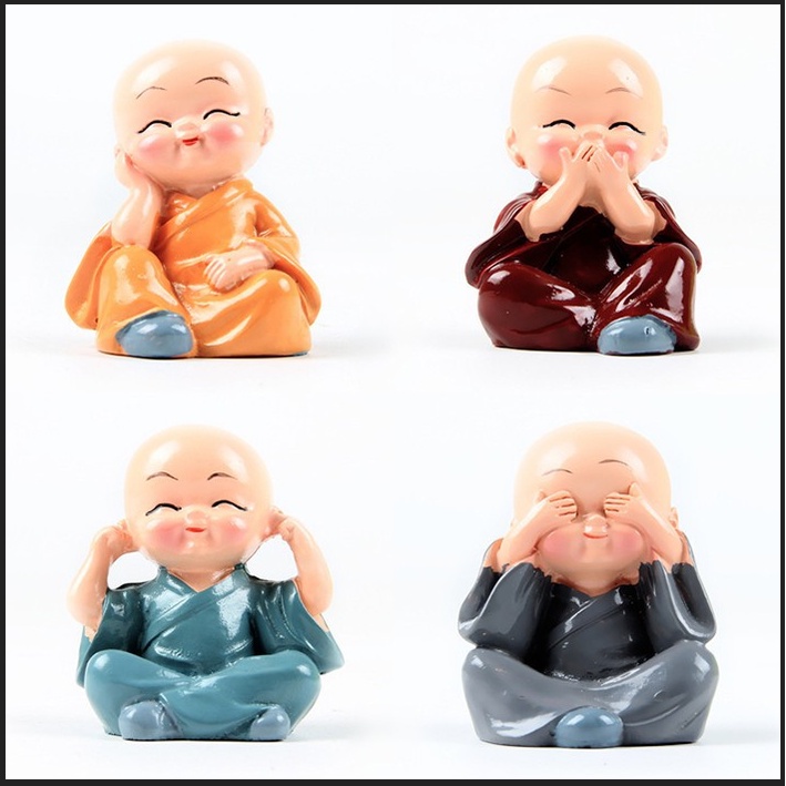 Bộ Tượng Chú Tiểu Hòa Thượng Tứ Không - Phật Phong Thủy Mini 4 Tư Thế, Trang Trí Xe Hơi, Để Bàn