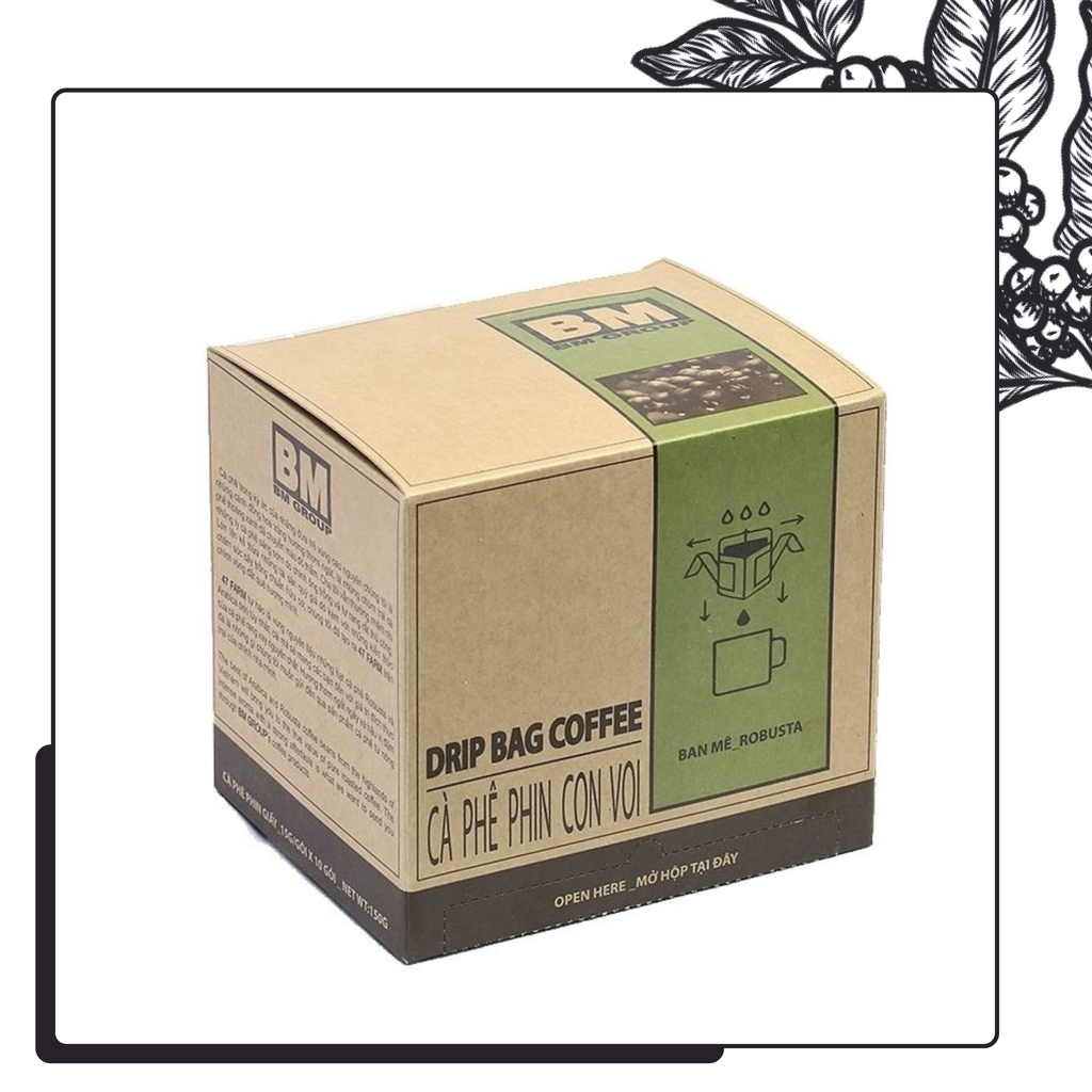Cà Phê Phin Giấy - Hộp 10 Phin - BM BAN MÊ, hạt cà robusta hái chín, rang mộc, nguyên chất - BM GROUP