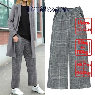 [CÓ SẴN] QUẦN ỐNG RỘNG BIGSIZE NỮ THUN NỈ PHỐI EO CO DÃN KÈM TÚI QUẦN NỀN XÁM SỌC CARO - HIMISTORE - HM382