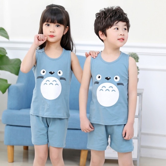 Bộ Áo Ba Lỗ + Quần Short Cotton In Họa Tiết Hoạt Hình Dễ Thương Thời Trang Mùa Hè Cho Bé 90-140cm