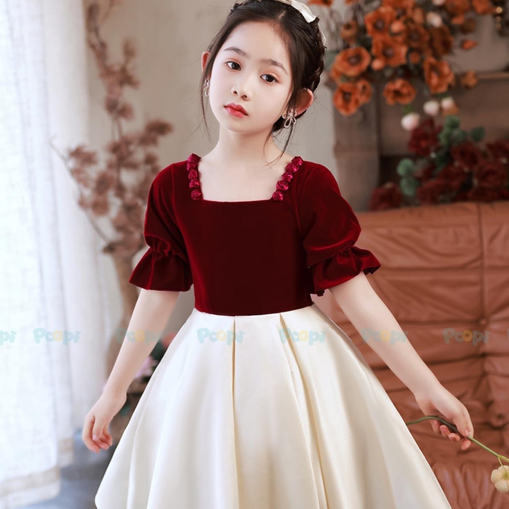 Đầm Công Chúa Cho Bé Poopi Dáng Xòe Bồng Cổ Vuông Đính Hoa Nhỏ, Váy Cho Bé Gái Dự Tiệc Xinh Đẹp