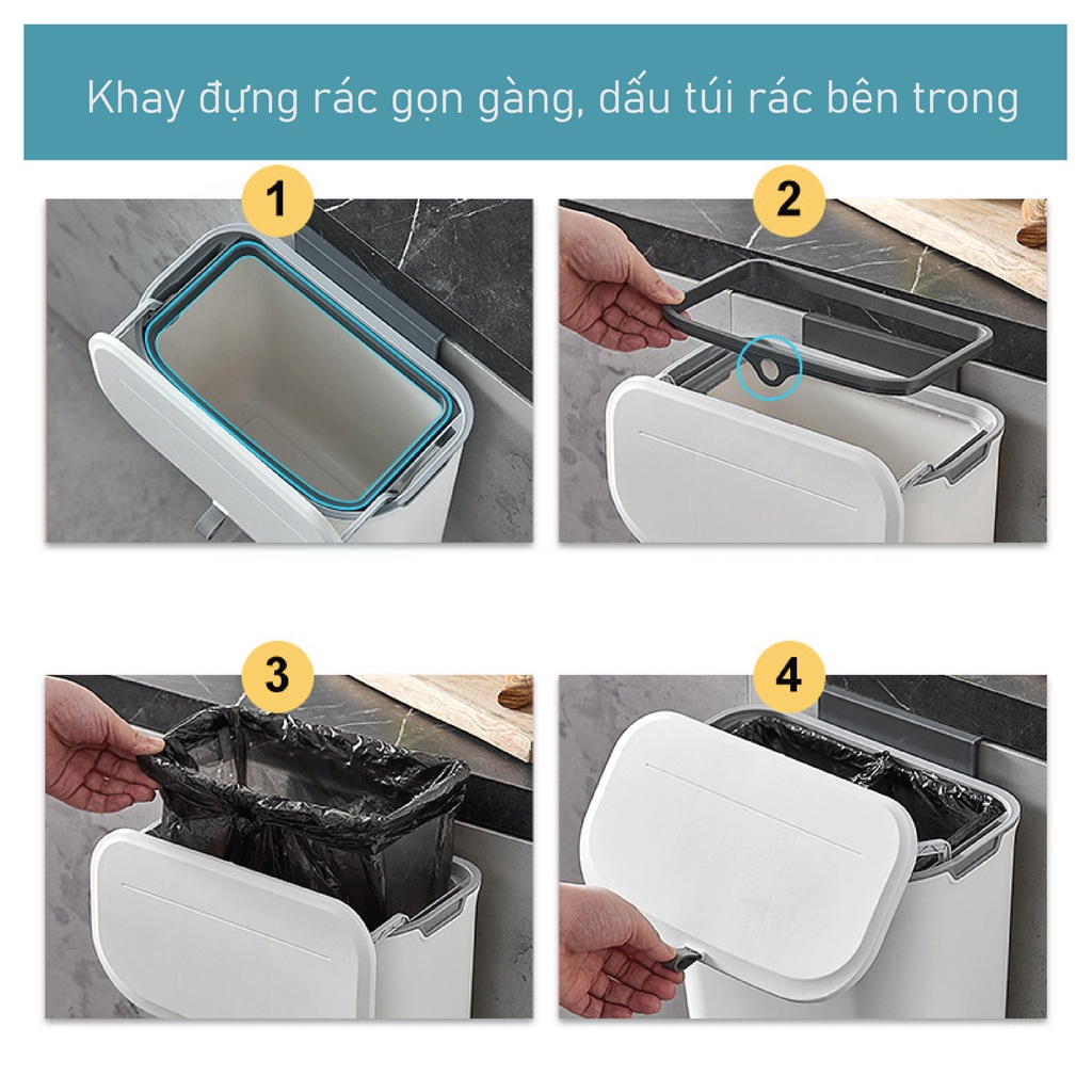 Thùng rác treo tủ bếp SUPO Mart 9L nắp trượt thông minh, thùng rác treo nhà vệ sinh có nắp đậy
