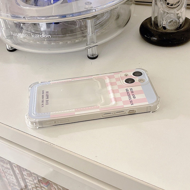 Ốp lưng iphone ốp Điện Thoại Họa Tiết Sọc Caro Màu Hồng / Xanh Dương Kèm Ngăn Đựng Thẻ Cho iPhone 14 13 12 11 PROMAX XS XR XSMAX SE2020 6 7 8PLUS