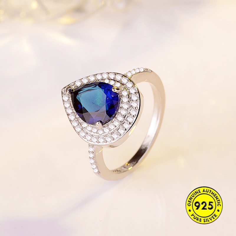 (MỚI) Nhẫn đính đá Topaz hình giọt nước màu xanh biển