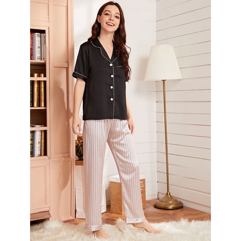 Bộ Đồ Ngủ Tay Ngắn Dáng Rộng Cài Khuy Vải Lụa Lạnh Thời Trang Cho Nữ