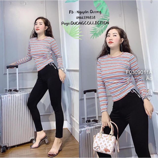 Áo thu đông dài tay kẻ ngang thiết kế rút eo tạo điểm nhấn giúp eo nhỏ gọn hơn