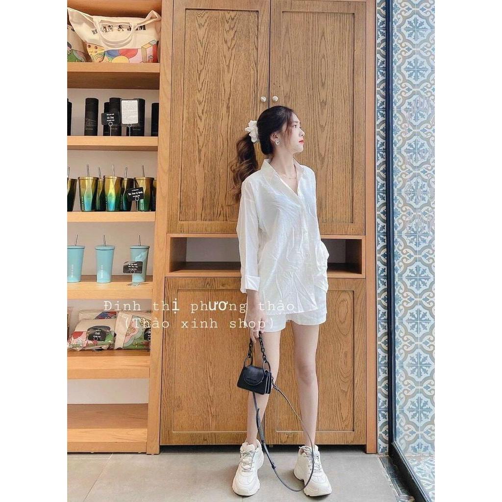 Bộ đũi cộc áo sơ mi thụng 1 túi trắng hàng đẹp