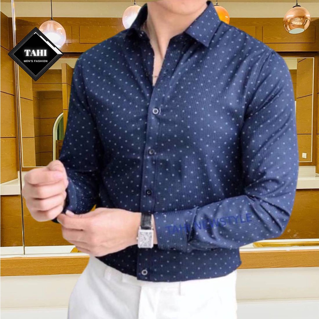 Áo Sơ Mi Nam Dài Tay Họa Tiết Chấm Bi Nhỏ TAHISM015 Chất Đẹp Dáng Ôm Cổ Bẻ Phong Cách Hàn Quốc