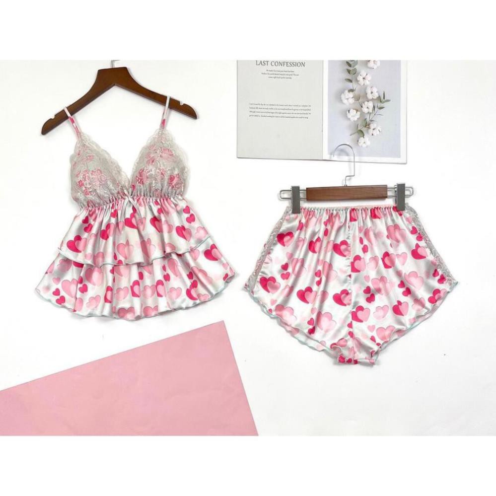 Đồ ngủ cao cấp ⚡HÀNG ĐẸP⚡, áo 2 dây có mút ngực, và quần short lưng thun, phối bèo nhún [**] | BigBuy360 - bigbuy360.vn