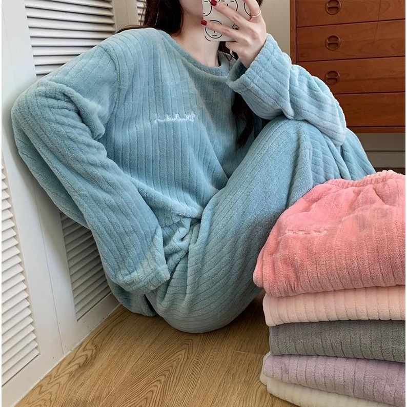 Bộ ngủ lông nữ mặc nhà lông cừu san hô mùa thu và mùa đông dày ấm áp