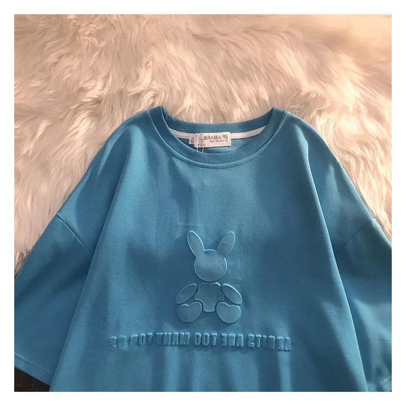 Áo Thun Tay Lửng Dáng Rộng In Nổi Hình Thỏ & Gấu Thỏ Màu Xanh Biển Oversize - MUOJ