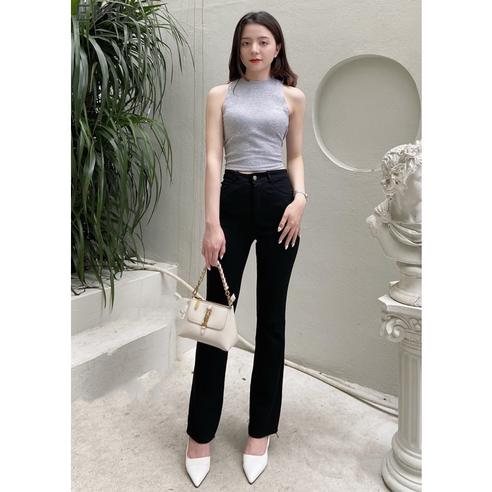 Quần jean trơn ống loe EMIX (màu đen), basic trousers, dáng dài 90cm, cạp cao, khóa giữa, ống ôm và loe, vải jeans 810