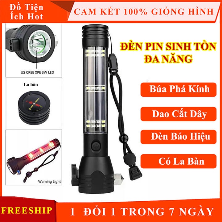 Đèn Pin Sạc Đa Năng Cầm Tay Có Búa Phá Kính, Dao Cắt Dây, Kiêm Sạc Dự Phòng Trên Xe Ô Tô, Đèn Pin Tuần Tra Cứu Hộ