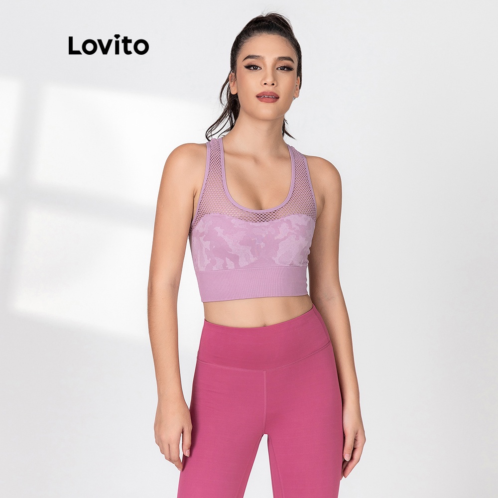 Áo lót Lovito có mút đệm kiểu thể thao chắp vá vải phối lưới lỗ họa tiết camo thiết kế lưng xinh xắn L06004 (màu hồng)