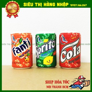 Kẹo xê vị trái cây hình lon nước ngọt (cam, chanh, cola)