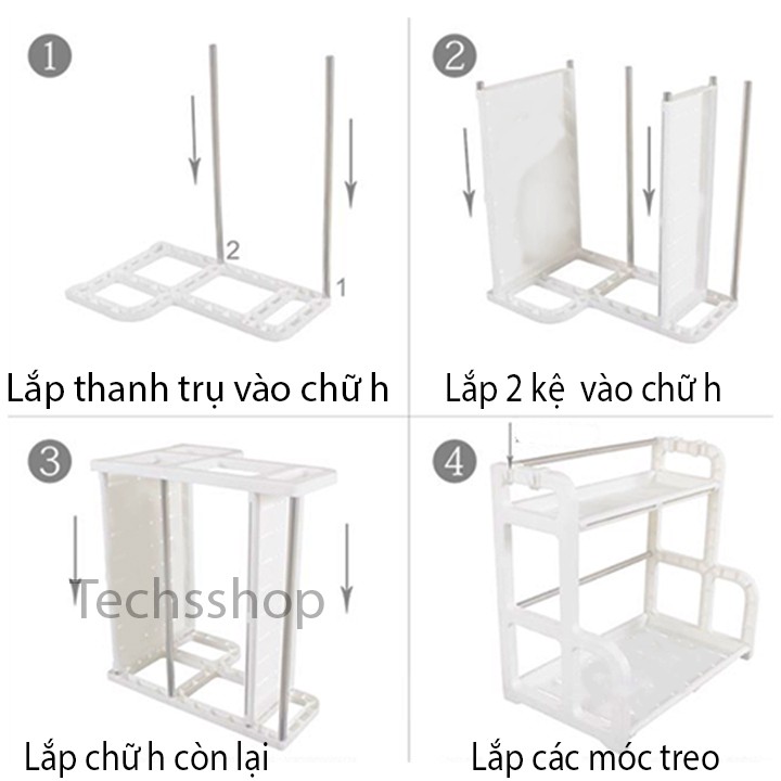 Kệ Nhà Bếp Chữ h 2 Tầng Đựng Hủ Gia Vị Có Khe Để Dao Móc Treo Đa Năng Có Thanh Inox Khung Để Tấm Thớt