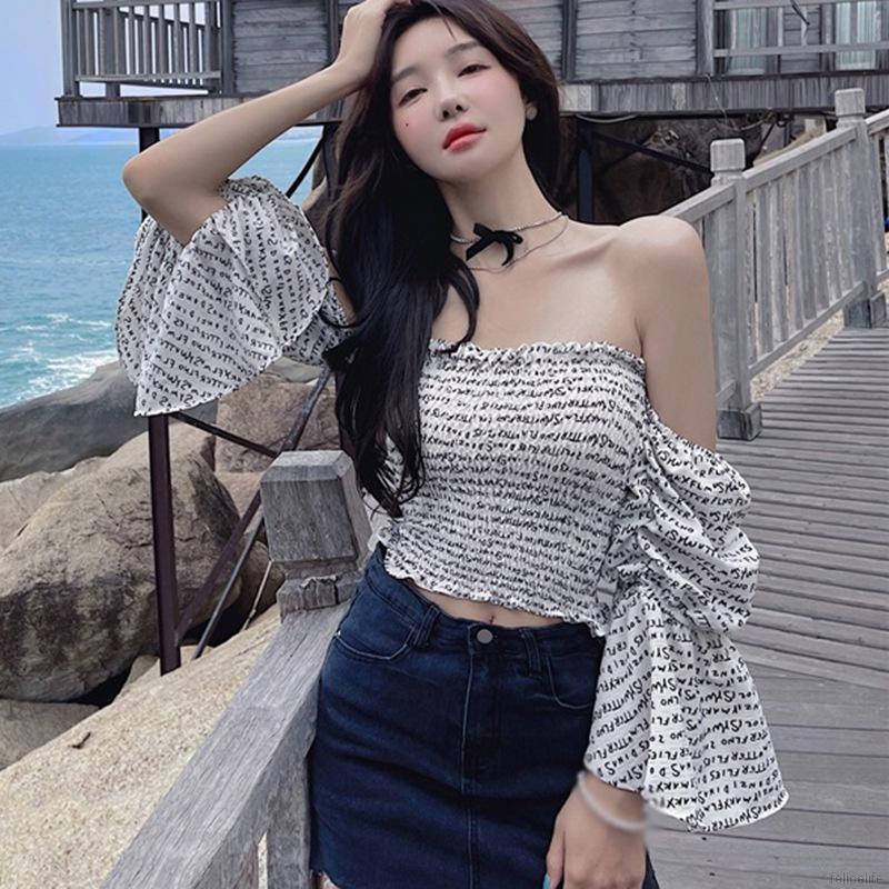Áo voan lửng tay ống loe in họa tiết chữ thời trang dành cho nữ