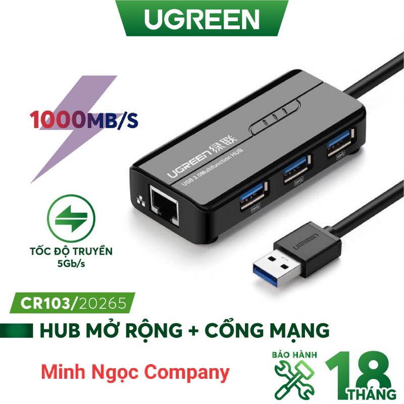 Bộ chia HUB USB 3 cổng 3.0 kèm cổng mạng LAN 10/100/1000 Mbps UGREEN 20265 CR103- Hàng phân phối chính hãng