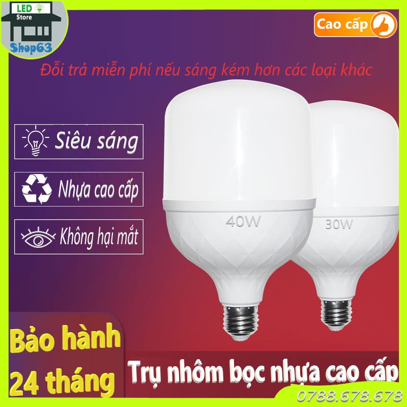 Bóng đèn LED 20W 30W 40w - trụ nhôm bọc nhựa cao cấp (ánh sáng trắng siêu sáng - bảo hành 2 năm)