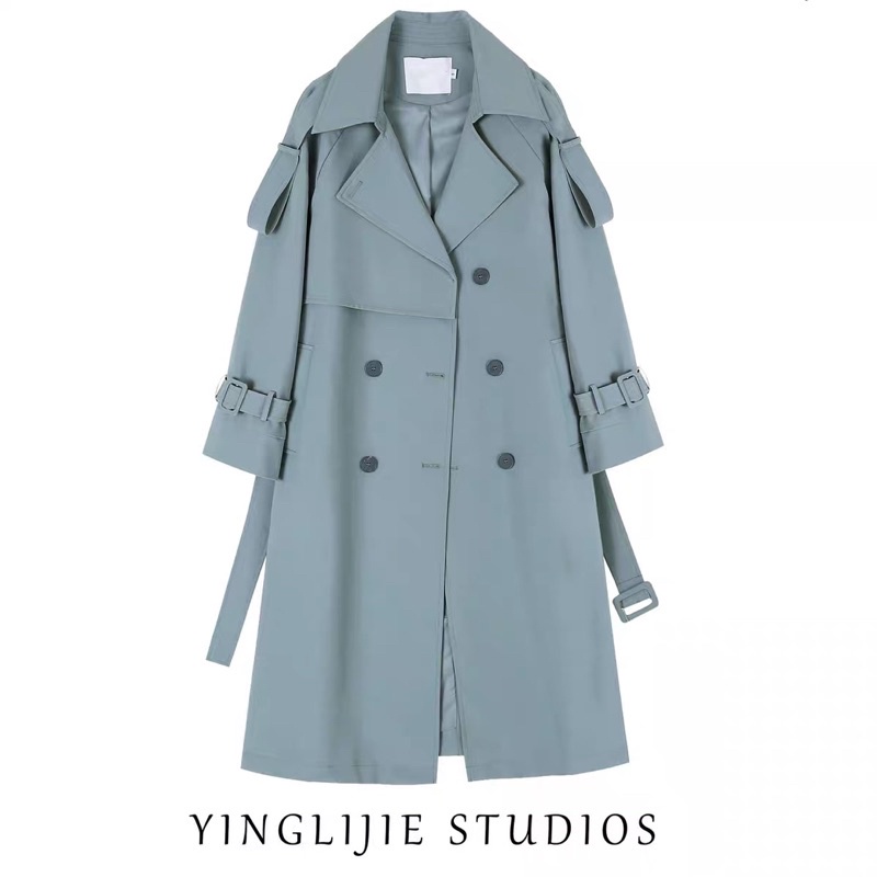 Áo khoác Trendcoat/Mangto nữ dáng dài màu xanh nhạt kiểu Anh [HÀNG ĐẶT TRƯỚC]