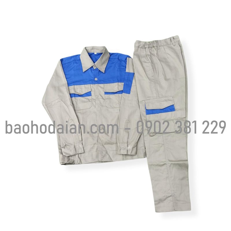 Quần áo bảo hộ lao động vải kaki 31 túi hộp ghi đất phối xanh - M13