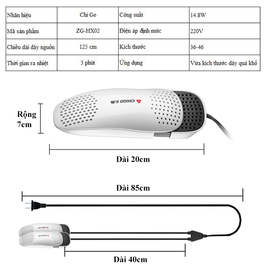 Máy Sấy Giày Chi Go ZG-HX02 Lõi Kép Làm Nóng Giúp Sấy Giày Nhanh Khô Phù Hợp Với Mọi Kích Cỡ Giày.