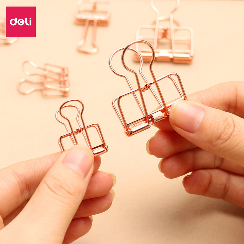 [LIFEMC02BPABAU -10% đơn 250K] Kẹp bướm kim loại văn phòng Deli - Set 6/8 chiếc - Màu vàng hồng - 9414/9415