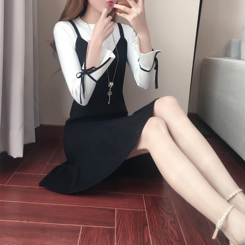 Đầm nữ giả yếm phối tay loe thắt nơ nữ tính