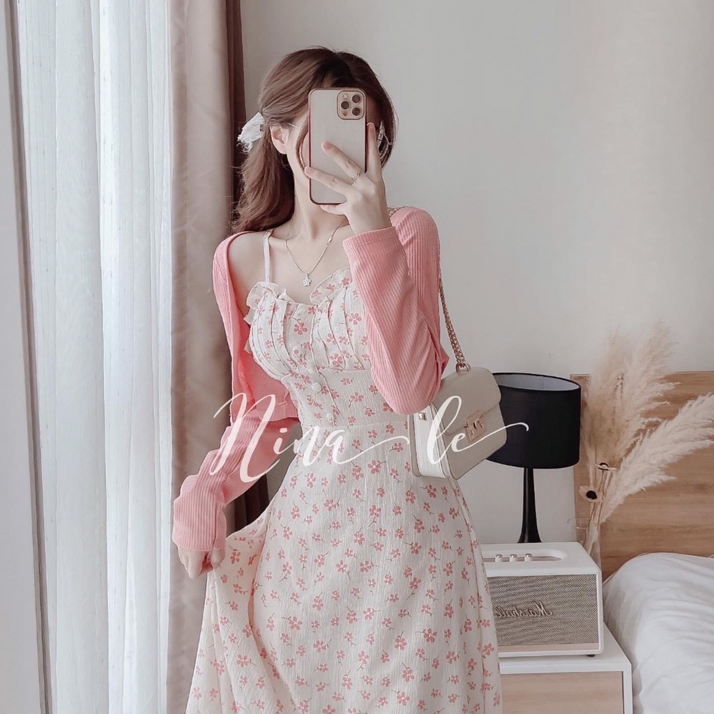 (SALE TẬN GỐC) Sét Váy Hai Dây Hoa Nhí Kèm Áo Khoác Cardigan Siêu Đẹp (Ảnh thật ở cuối)