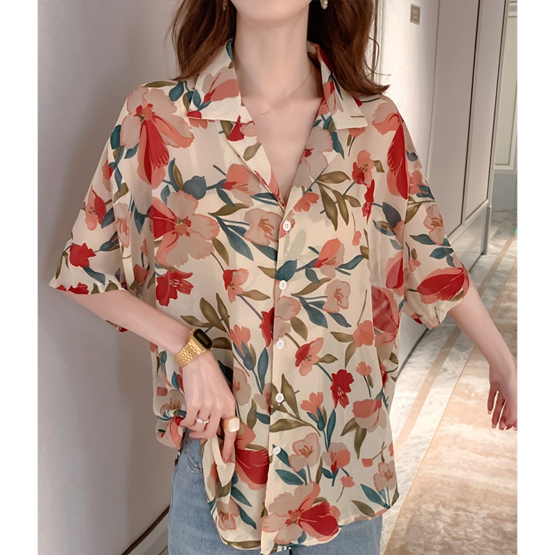Áo Sơ Mi Chiffon Tay Ngắn Dáng Rộng In Họa Tiết Hoa Phong Cách Hàn Quốc Thời Trang Cho Nữ