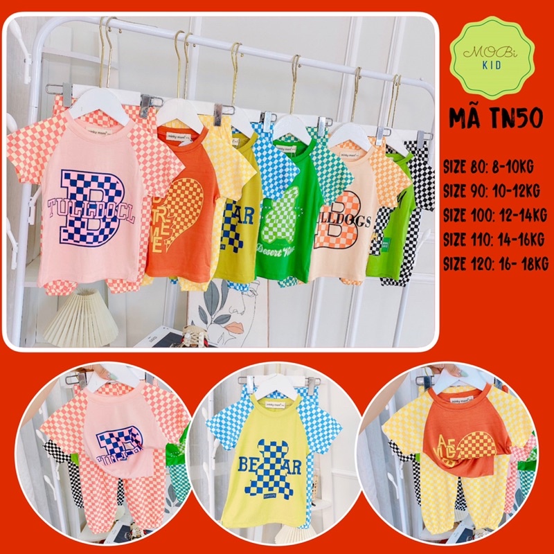TN50 Bộ Tay Ngắn Quần Dài Alibaba Sọc ô caro Áo tay Raglan Hình B gấu Bear Cho Bé Từ 8kg đến 18kg