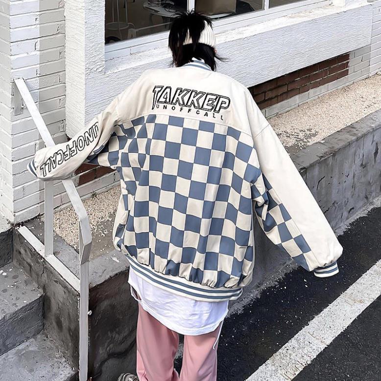 Áo Khoác Bomber Takkep Bàn Cờ Tay Bồng Chữ U Nam Nữ Unisex Dáng Rộng 2 Lớp Gió