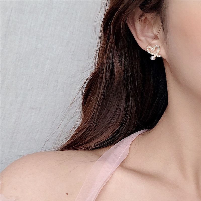 Khuyên tai bạc S925 - Hoa tai nữ bạc S925 hình tim đính đá hạt trai nhân tạo phong cách Hàn Quốc ZaZa.accessories KT8036