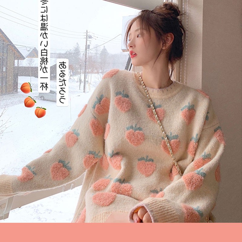 Áo len nữ mềm mịn dày dặn form rộng họa tiết dâu & đào style Hàn Quốc