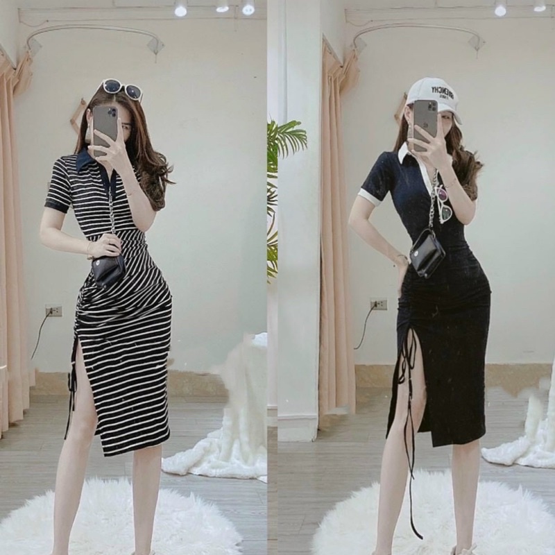 Đầm Body Qua Gối Polo Rút Sườn Xẻ Tà Đùi