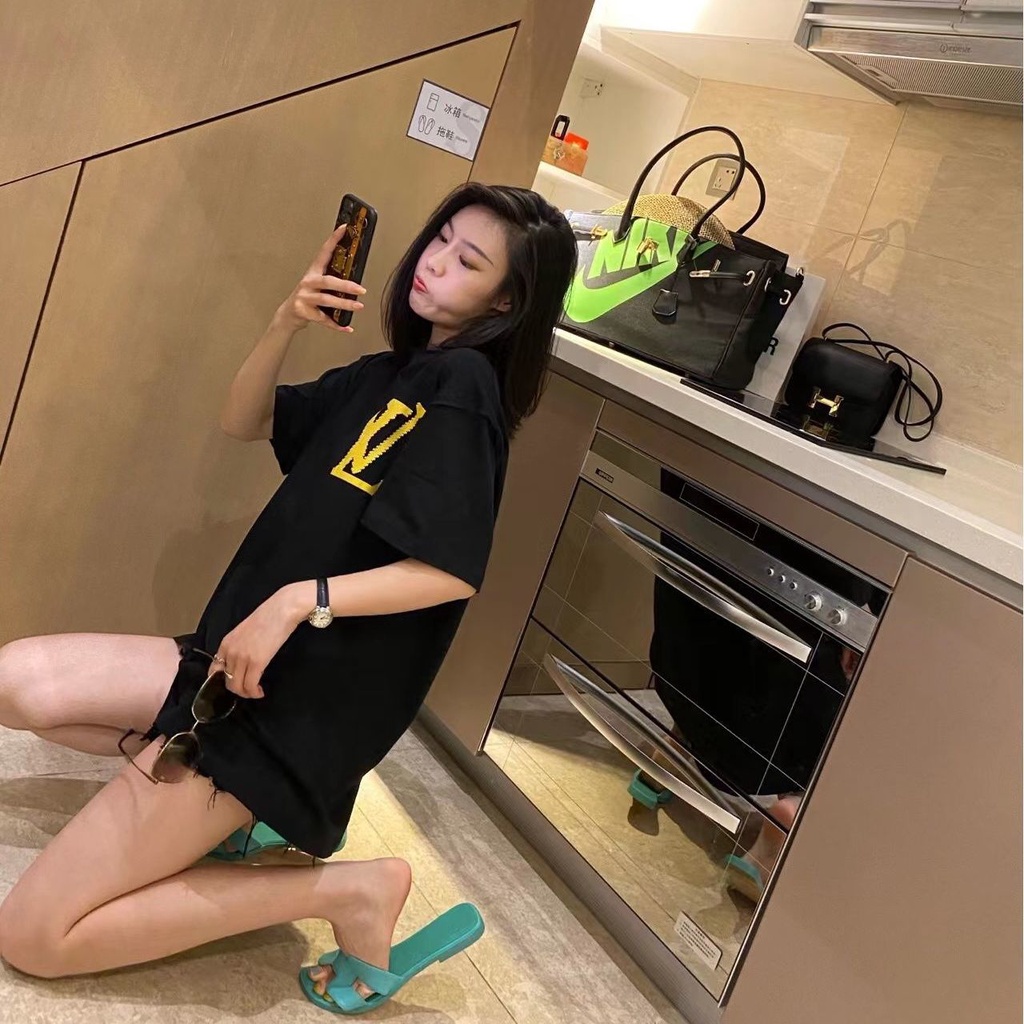 Áo Thun 100% Cotton Nguyên Chất Tay Ngắn Dáng Rộng In Hình Khối Vuông Lv/trademark+tag/22ss